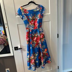 eShakti Red and Orange A-Line Dress with Cap Sleeves